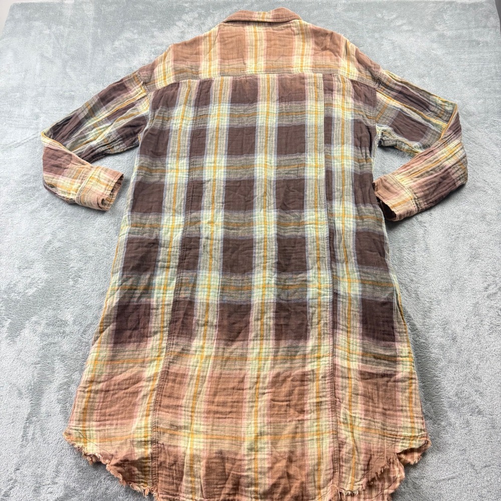 Oli & Hali Plaid Shirt Dress Womens Medium Brown Cotton Gauze Good Frayed Hem - Picture 2 of 7